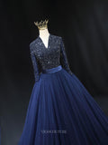 Prom Dresses 2025 to impress Dark Blue Tulle Prom Dresses with Long Sleeve, Beaded Bodice, V-Neck, Quince Dresses BG046-vigocouture-vigocouture