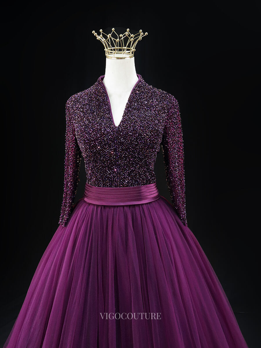 Dark Blue Tulle Prom Dresses with Long Sleeve, Beaded Bodice, V-Neck, Dark Blue Tulle Prom Dresses with Long Sleeve, Beaded Bodice, V-Neck,