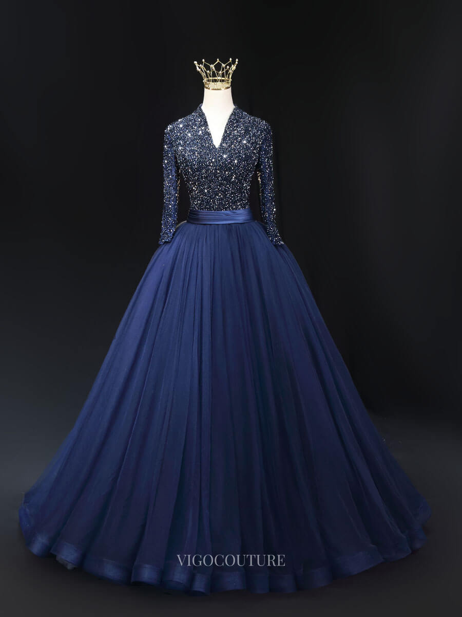 Prom Dresses 2025 to impress Dark Blue Tulle Prom Dresses with Long Sleeve, Beaded Bodice, V-Neck, Quince Dresses BG046-vigocouture-Blue-Custom Size-vigocouture