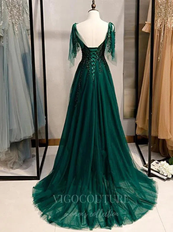 Prom Dress 2025 Dark Green Beaded Prom Dress 2023 Spaghetti Strap Formal Dress 20555-unique elegant Prom Dresses-Green-US0-vigocouture