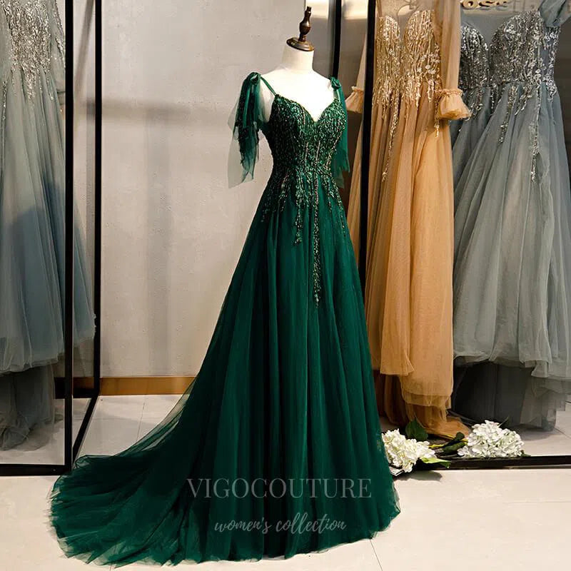 Dark Green Beaded Prom Dress 2025 Spaghetti Strap Formal Dress 20555 Green / US6