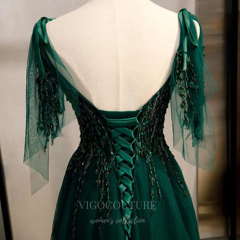 Prom Dress 2025 Dark Green Beaded Prom Dress 2023 Spaghetti Strap Formal Dress 20555-unique elegant Prom Dresses-Green-US0-vigocouture