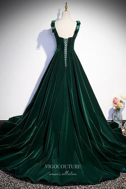 Dark Green Velvet Prom Dress with 3D Floral Spaghetti Strap 22266 Green / US2 Dark Green Velvet Prom Dress with 3D Floral Spaghetti Strap 22266 Green / US2