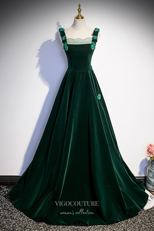 Dark Green Velvet Prom Dress with 3D Floral Spaghetti Strap 22266 Green / US2 Dark Green Velvet Prom Dress with 3D Floral Spaghetti Strap 22266 Green / US2