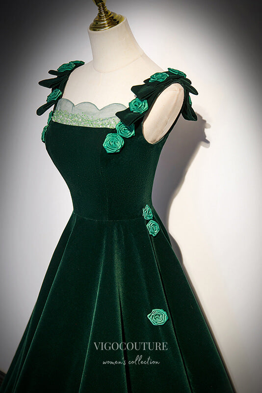 Dark Green Velvet Prom Dress with 3D Floral Spaghetti Strap 22266 Green / US2 Dark Green Velvet Prom Dress with 3D Floral Spaghetti Strap 22266 Green / US2