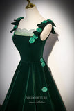 Prom Dress 2025 Dark Green Velvet Prom Dress with 3D Floral Spaghetti Strap 22266-unique elegant Prom Dresses-Green-Custom Size-vigocouture