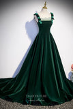 Dark Green Velvet Prom Dress with 3D Floral Spaghetti Strap 22266