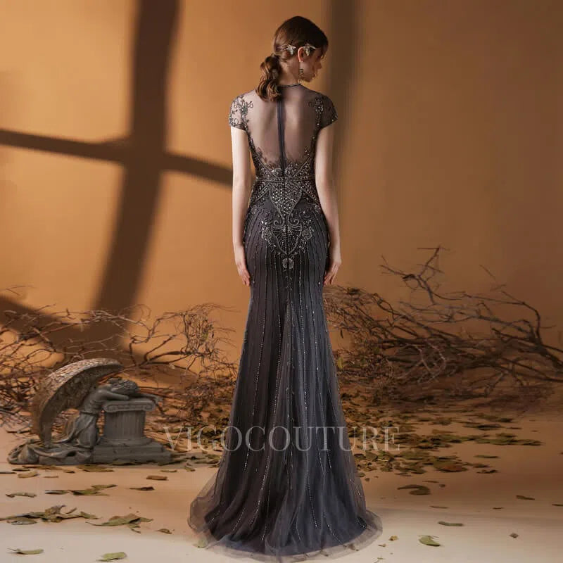 Prom Dress 2025 Dark Grey Beaded Mermaid Prom Dress 20148-unique elegant Prom Dresses-Grey-US2-vigocouture