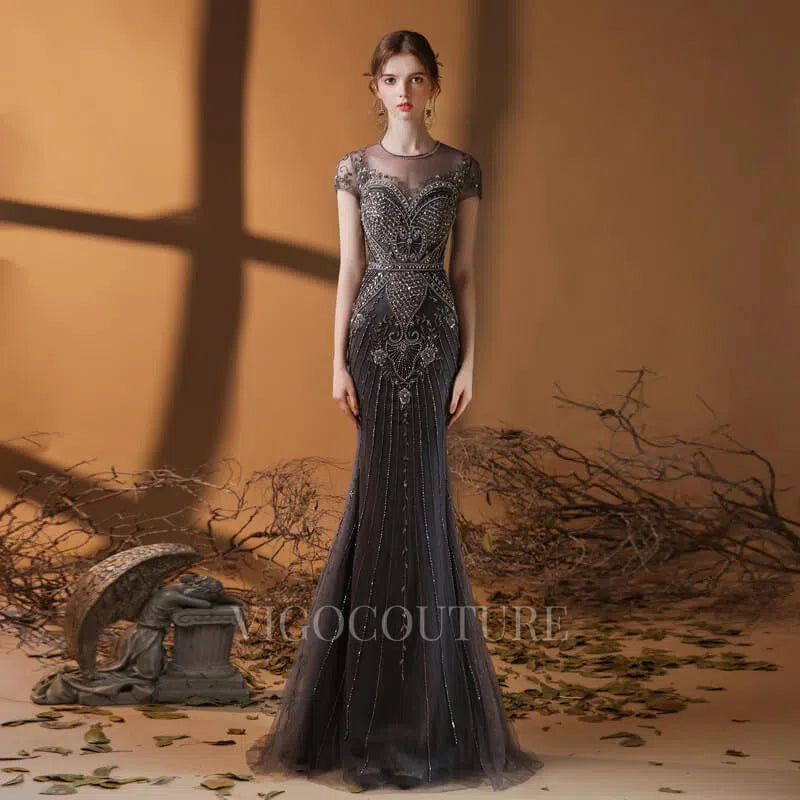dark grey sparkly prom dress Formal Long Grey Sparkly Prom Dress Tulle With Vneck - $142.9776 #MYS78077