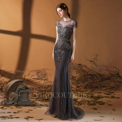 Dark Grey Beaded Mermaid Prom Dress 20148 – vigocouture