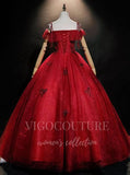 vigocouture-Dark Red Lace Applique Quinceañera Dresses Spaghetti Strap Ball Gown 20483-Prom Dresses-vigocouture-