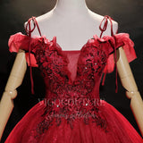 vigocouture-Dark Red Lace Applique Quinceañera Dresses Spaghetti Strap Ball Gown 20483-Prom Dresses-vigocouture-