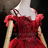 vigocouture-Dark Red Lace Applique Quinceañera Dresses Spaghetti Strap Ball Gown 20483-Prom Dresses-vigocouture-