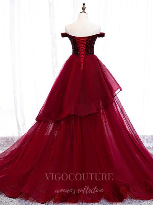 Prom Dress 2025 Dark Red Tiered V-Neck Prom Dress 2022 Off the Shoulder Formal Dress 20549-unique elegant Prom Dresses-Red-US2-vigocouture