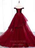 Prom Dress 2025 Dark Red Tiered V-Neck Prom Dress 2022 Off the Shoulder Formal Dress 20549-unique elegant Prom Dresses-Red-US2-vigocouture