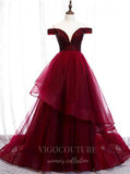 Prom Dress 2025 Dark Red Tiered V-Neck Prom Dress 2022 Off the Shoulder Formal Dress 20549-unique elegant Prom Dresses-Red-US2-vigocouture