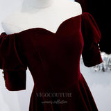 Prom Dress 2025 Dark Red Velvet Short Sleeve Prom Dress 2022 Off the Shoulder Formal Dress 20501-unique elegant Prom Dresses-Dark Red-US2-vigocouture