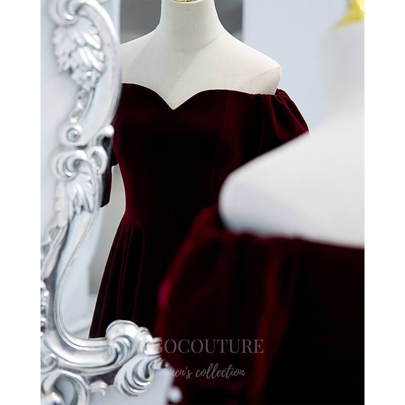 Prom Dress 2025 Dark Red Velvet Short Sleeve Prom Dress 2022 Off the Shoulder Formal Dress 20501-unique elegant Prom Dresses-Dark Red-US2-vigocouture