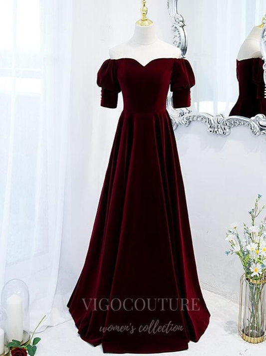 Prom Dress 2025 Dark Red Velvet Short Sleeve Prom Dress 2022 Off the Shoulder Formal Dress 20501-unique elegant Prom Dresses-Dark Red-US2-vigocouture