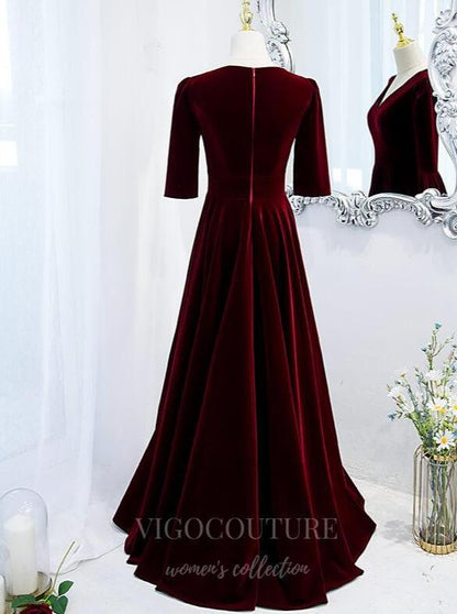 Dark Red Velvet Short Sleeve Prom Dress 2022 V-Neck Formal Dress 20500 vigocouture Dark Red Velvet Short Sleeve Prom Dress 2022 V-Neck Formal Dress 20500 vigocouture