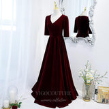 Prom Dress 2025 Dark Red Velvet Short Sleeve Prom Dress 2022 V-Neck Formal Dress 20500-unique elegant Prom Dresses-Dark Red-US2-vigocouture