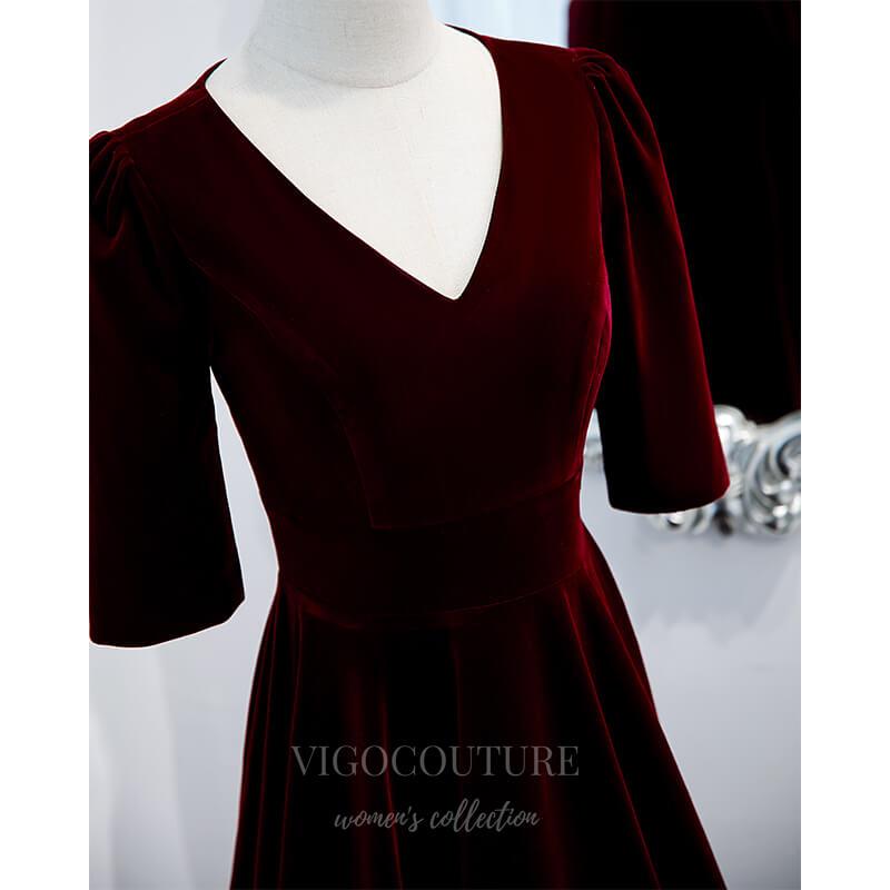 Prom Dress 2025 Dark Red Velvet Short Sleeve Prom Dress 2022 V-Neck Formal Dress 20500-unique elegant Prom Dresses-Dark Red-US2-vigocouture