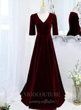 Dark Red Velvet Short Sleeve Prom Dress 2022 V-Neck Formal Dress 20500