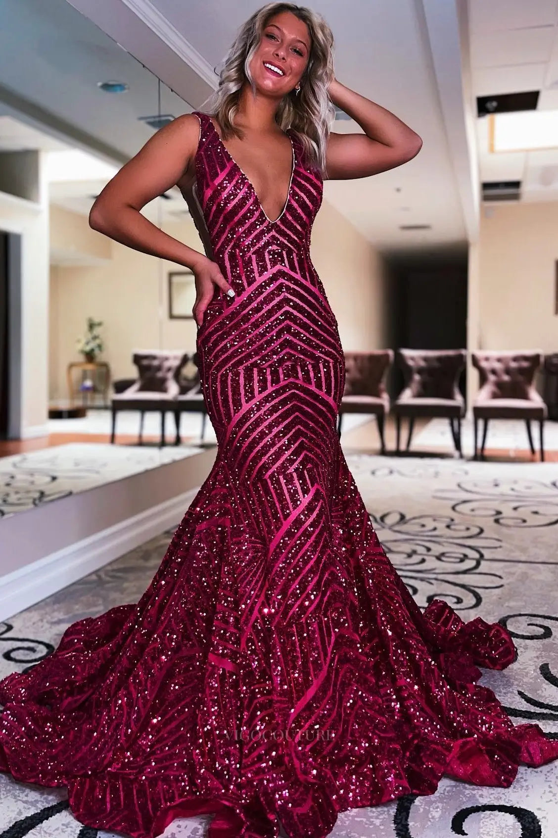 Prom Dresses 2025 to impress Deep V-Neck Sequin Mermaid Prom Dress with Geometric Glitter Pattern & Open Back – 26101-vigocouture-Burgundy-US 0-vigocouture