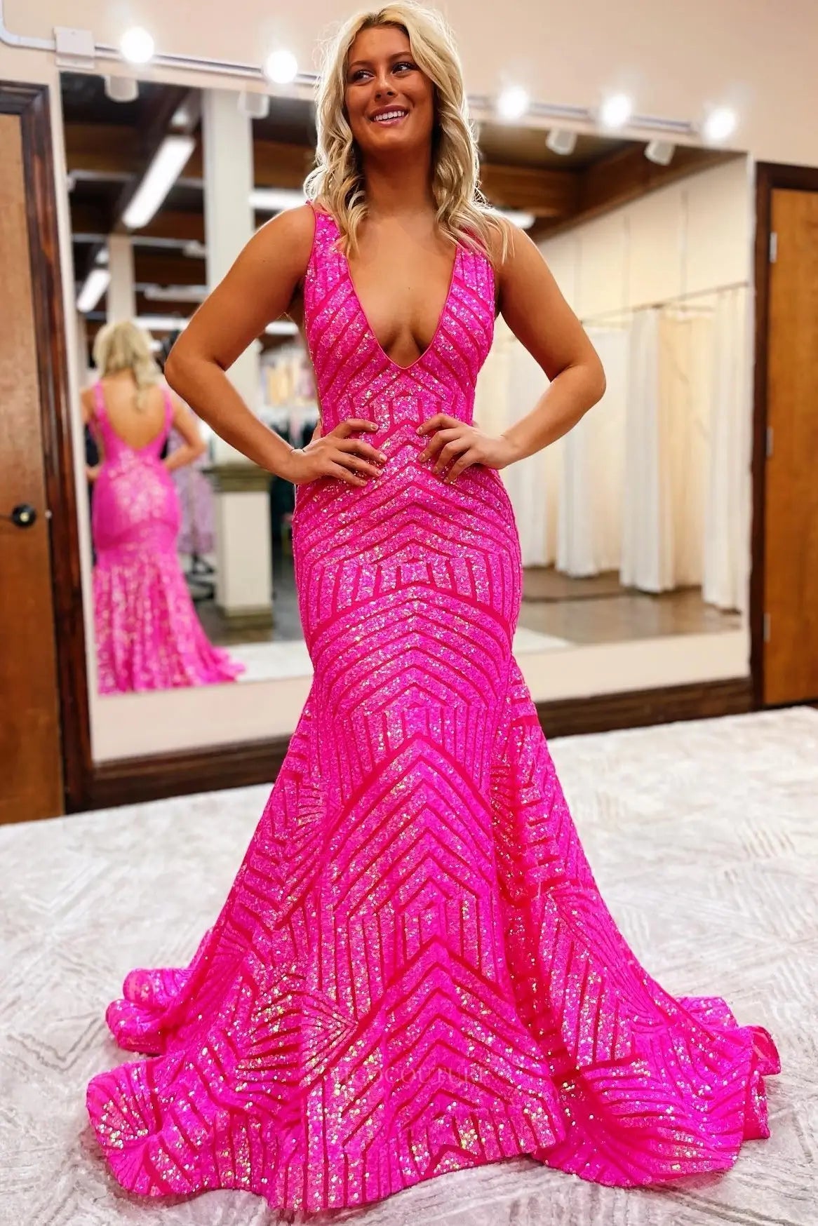 Prom Dresses 2025 to impress Deep V-Neck Sequin Mermaid Prom Dress with Geometric Glitter Pattern & Open Back – 26101-vigocouture-Fuchsia-US 0-vigocouture