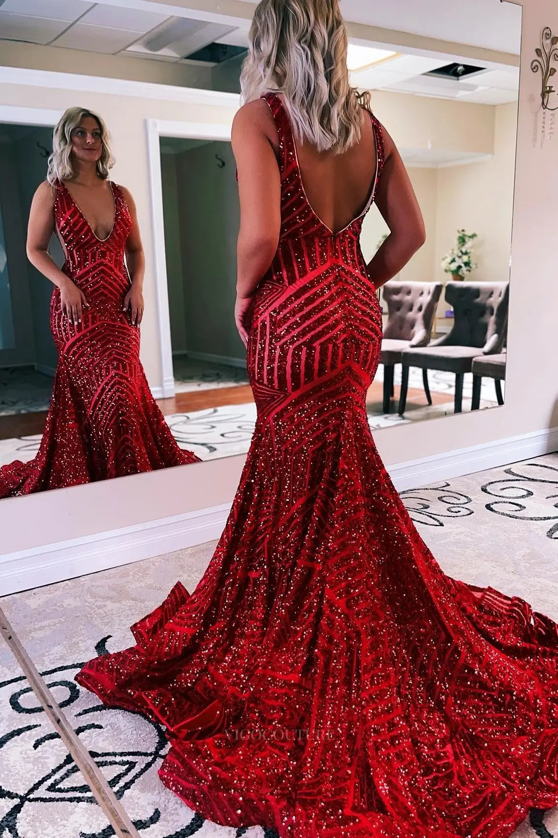 Prom Dresses 2025 to impress Deep V-Neck Sequin Mermaid Prom Dress with Geometric Glitter Pattern & Open Back – 26101-vigocouture-vigocouture