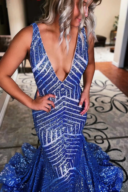 Prom Dresses 2025 to impress Deep V-Neck Sequin Mermaid Prom Dress with Geometric Glitter Pattern & Open Back – 26101-vigocouture-vigocouture