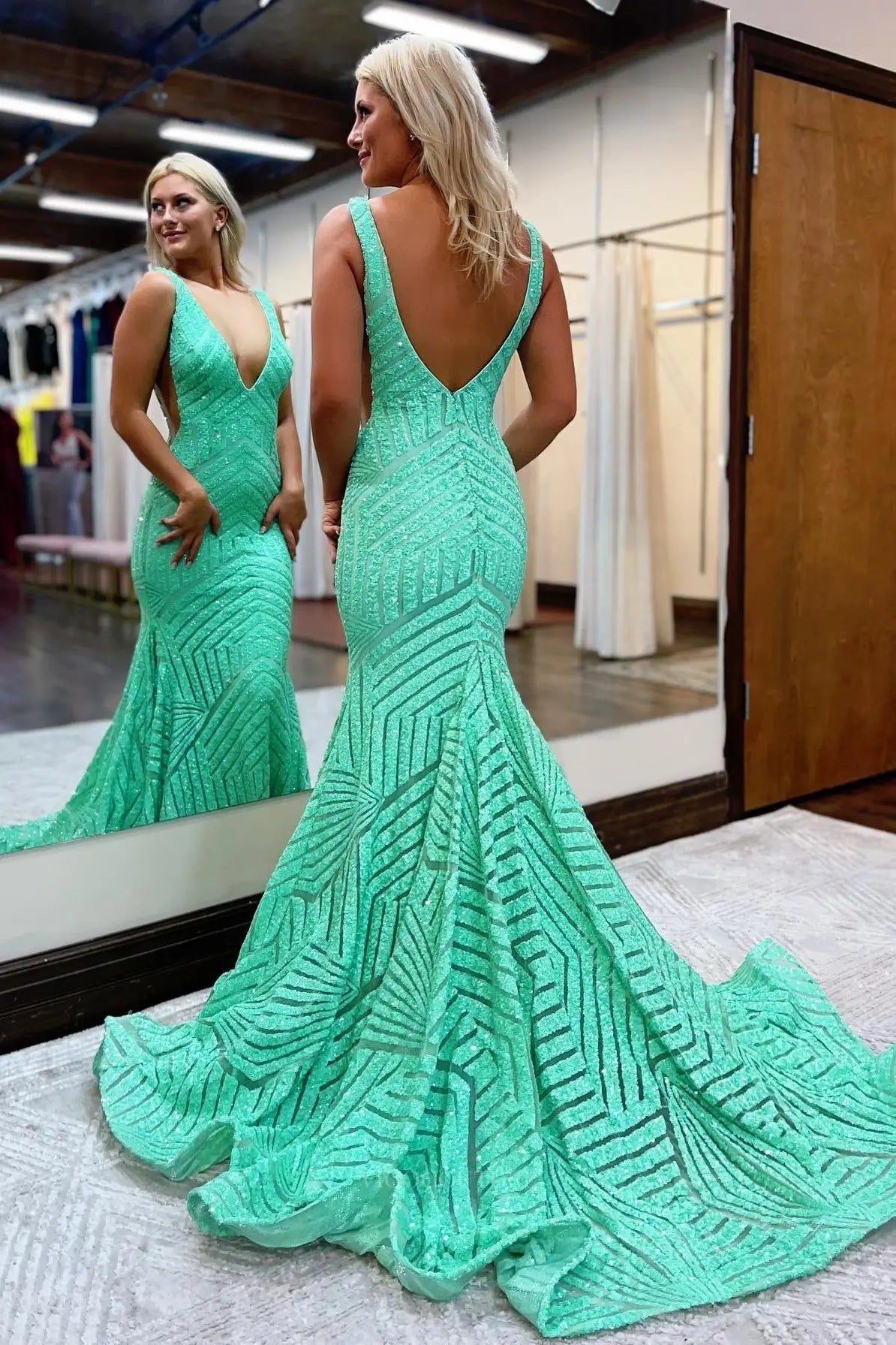 Prom Dresses 2025 to impress Deep V-Neck Sequin Mermaid Prom Dress with Geometric Glitter Pattern & Open Back – 26101-vigocouture-vigocouture