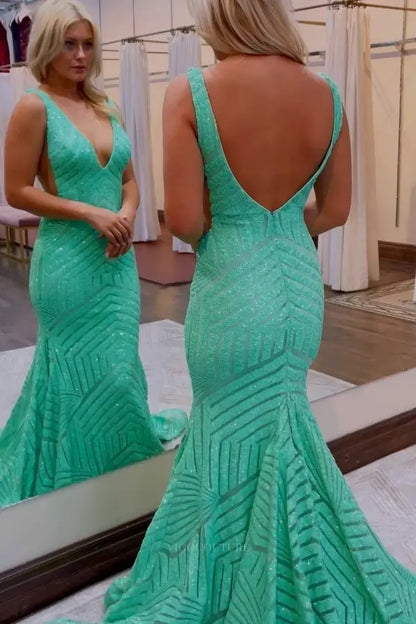 Prom Dresses 2025 to impress Deep V-Neck Sequin Mermaid Prom Dress with Geometric Glitter Pattern & Open Back – 26101-vigocouture-vigocouture