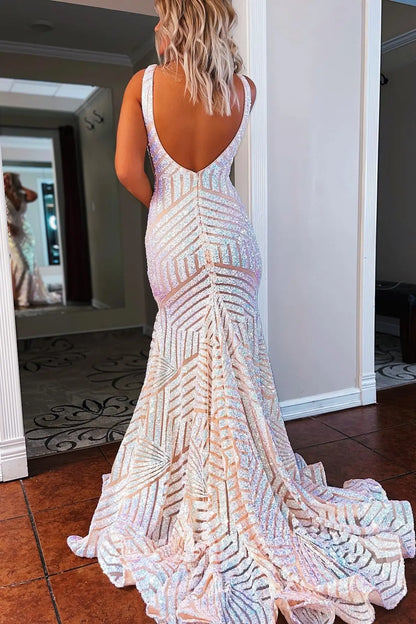 Prom Dresses 2025 to impress Deep V-Neck Sequin Mermaid Prom Dress with Geometric Glitter Pattern & Open Back – 26101-vigocouture-vigocouture