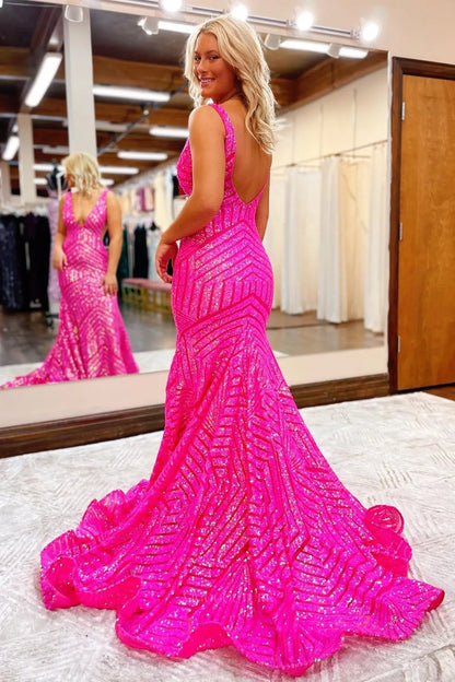Prom Dresses 2025 to impress Deep V-Neck Sequin Mermaid Prom Dress with Geometric Glitter Pattern & Open Back – 26101-vigocouture-vigocouture