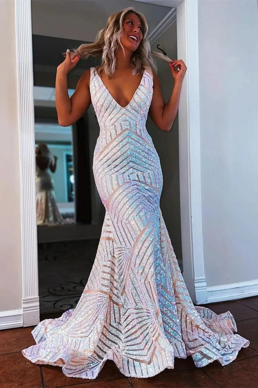 Prom Dresses 2025 to impress Deep V-Neck Sequin Mermaid Prom Dress with Geometric Glitter Pattern & Open Back – 26101-vigocouture-White-US 0-vigocouture