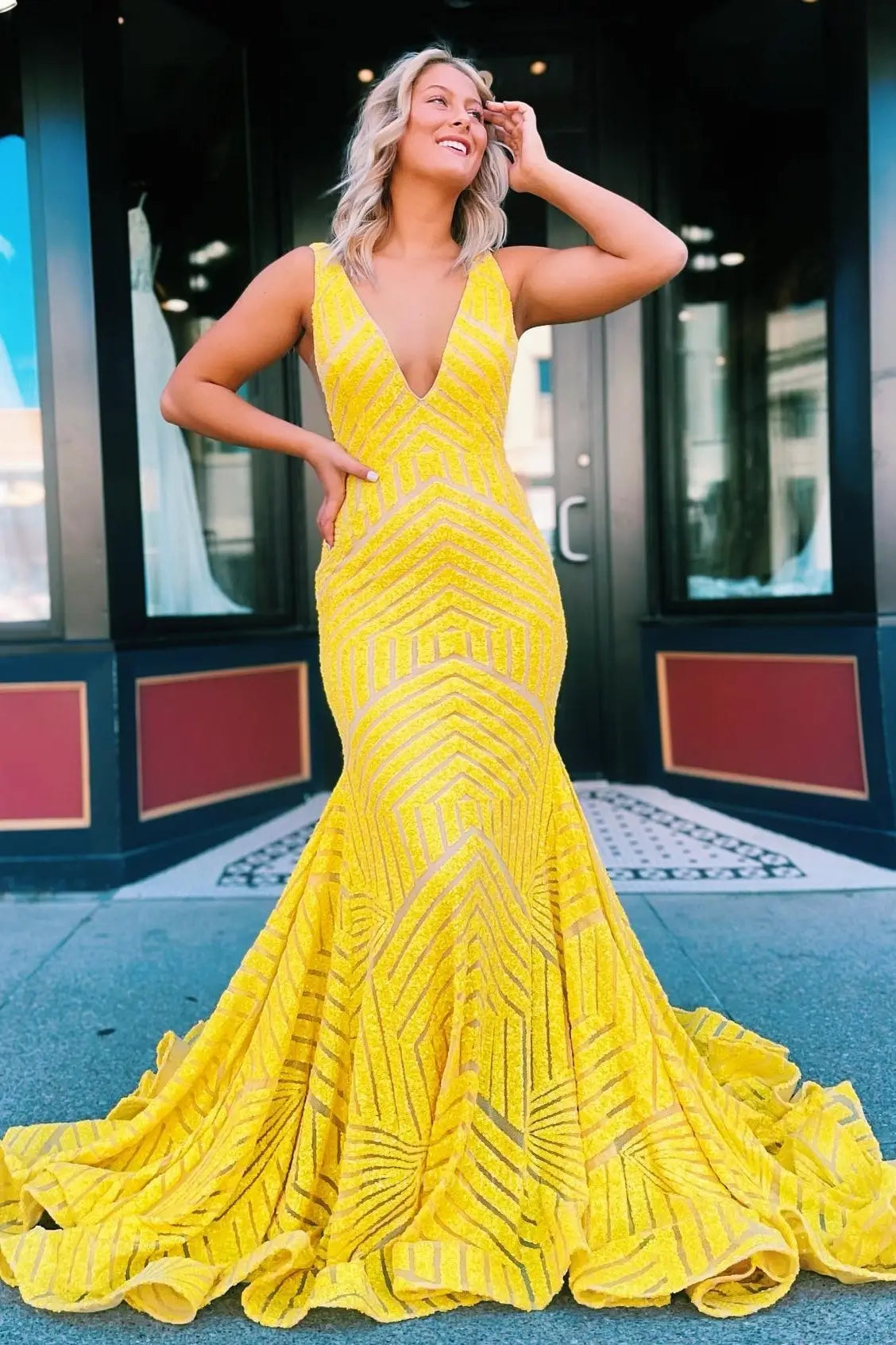 Prom Dresses 2025 to impress Deep V-Neck Sequin Mermaid Prom Dress with Geometric Glitter Pattern & Open Back – 26101-vigocouture-Yellow-US 0-vigocouture