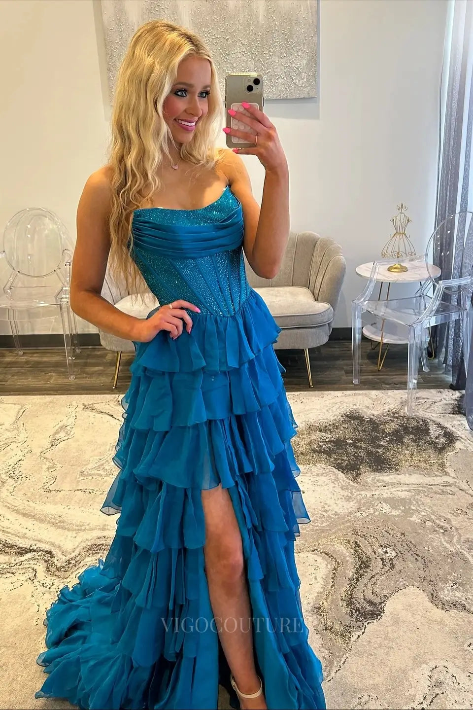 Prom Dresses 2025 to impress Dramatic Tiered Ruffle Prom Dress with Rhinestone Corset and High Slit – 26161-vigocouture-vigocouture