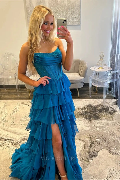 Prom Dresses 2025 to impress Dramatic Tiered Ruffle Prom Dress with Rhinestone Corset and High Slit – 26161-vigocouture-vigocouture