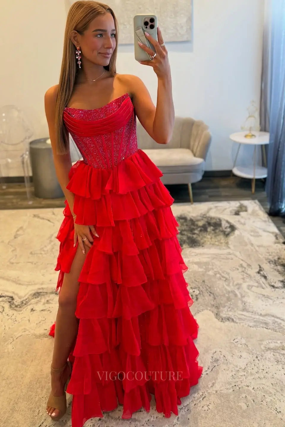 Prom Dresses 2025 to impress Dramatic Tiered Ruffle Prom Dress with Rhinestone Corset and High Slit – 26161-vigocouture-vigocouture