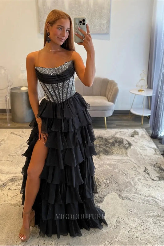 Prom Dresses 2025 to impress Dramatic Tiered Ruffle Prom Dress with Rhinestone Corset and High Slit – 26161-vigocouture-Black-US 0-vigocouture