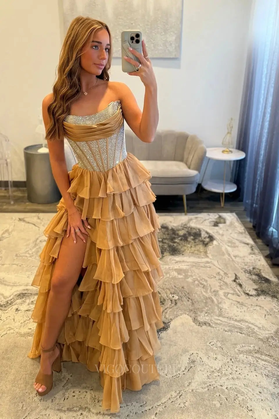 Prom Dresses 2025 to impress Dramatic Tiered Ruffle Prom Dress with Rhinestone Corset and High Slit – 26161-vigocouture-Champagne-US 0-vigocouture