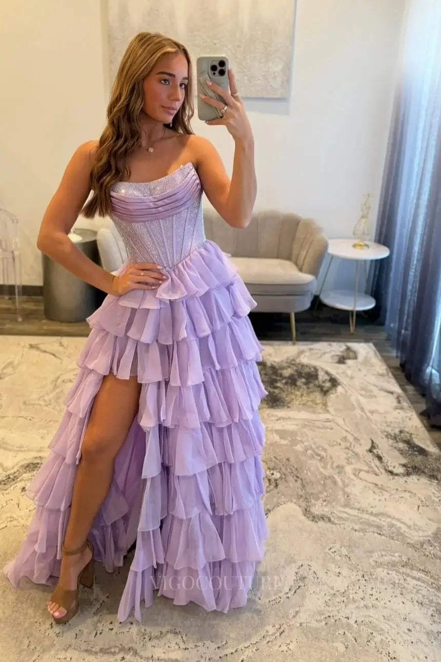 Prom Dresses 2025 to impress Dramatic Tiered Ruffle Prom Dress with Rhinestone Corset and High Slit – 26161-vigocouture-Lavender-US 0-vigocouture