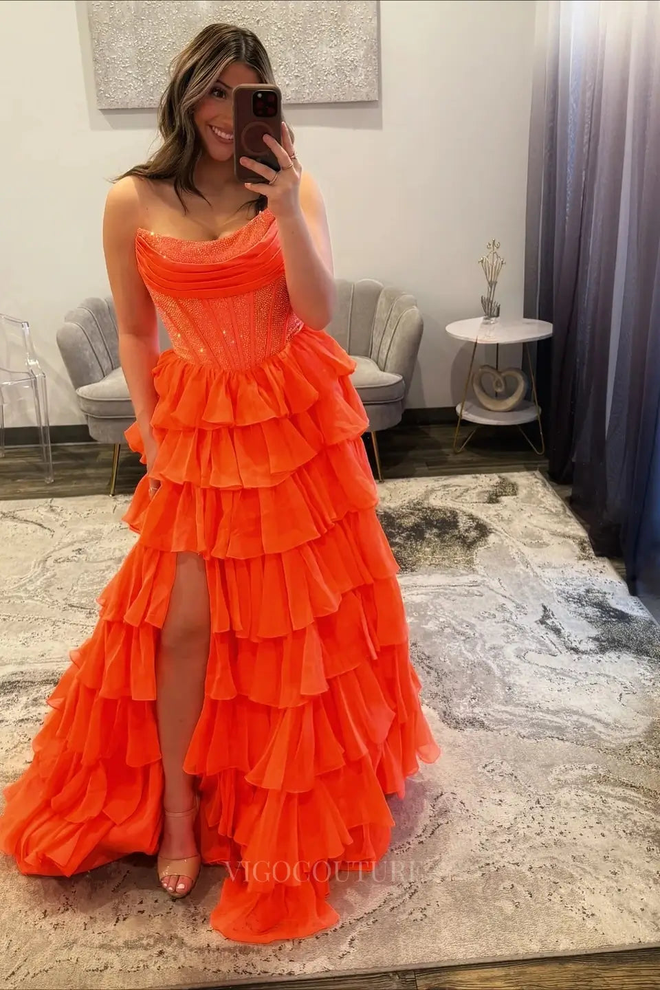 Prom Dresses 2025 to impress Dramatic Tiered Ruffle Prom Dress with Rhinestone Corset and High Slit – 26161-vigocouture-Orange-US 0-vigocouture