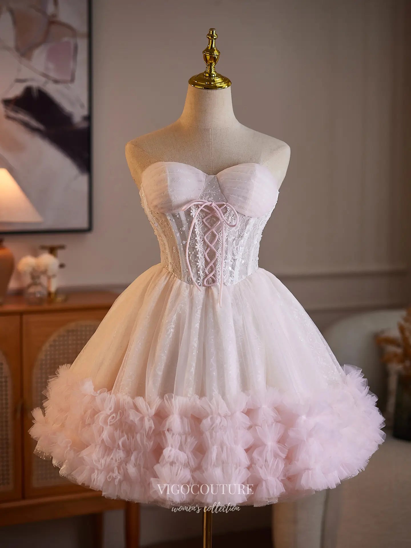 Prom Dresses 2025 to impress Dreamy Lace Corset Homecoming Dress with Ruffle Hem Tulle Skirt & Lace-Up Back - HC509-vigocouture-Blush-US 0-vigocouture