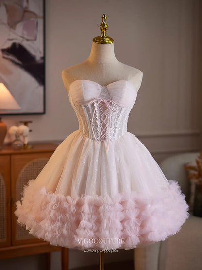 Prom Dresses 2025 to impress Dreamy Lace Corset Homecoming Dress with Ruffle Hem Tulle Skirt & Lace-Up Back - HC509-vigocouture-Blush-US 0-vigocouture