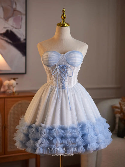 Prom Dresses 2025 to impress Dreamy Lace Corset Homecoming Dress with Ruffle Hem Tulle Skirt & Lace-Up Back - HC509-vigocouture-Light Blue-US 0-vigocouture