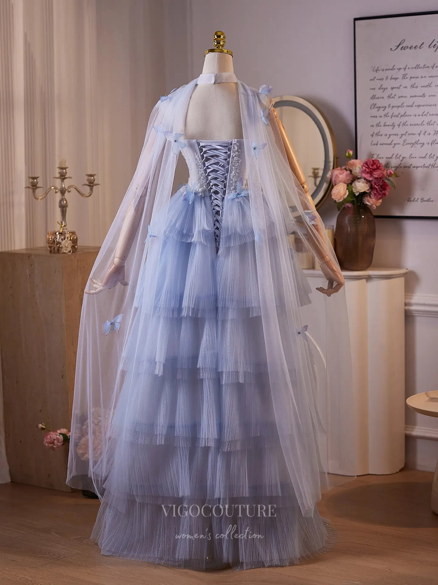 Prom Dresses 2025 to impress Dreamy Light Blue 3D Butterfly Evening Gown with Sheer Beaded Bodice, Tiered Pleated Tulle Skirt & Removable Sheer Cape – BJ097-vigocouture-vigocouture