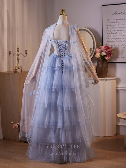 Prom Dresses 2025 to impress Dreamy Light Blue 3D Butterfly Evening Gown with Sheer Beaded Bodice, Tiered Pleated Tulle Skirt & Removable Sheer Cape – BJ097-vigocouture-vigocouture