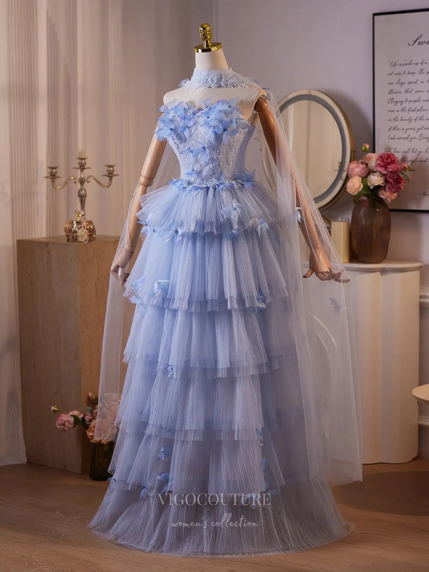 Prom Dresses 2025 to impress Dreamy Light Blue 3D Butterfly Evening Gown with Sheer Beaded Bodice, Tiered Pleated Tulle Skirt & Removable Sheer Cape – BJ097-vigocouture-vigocouture